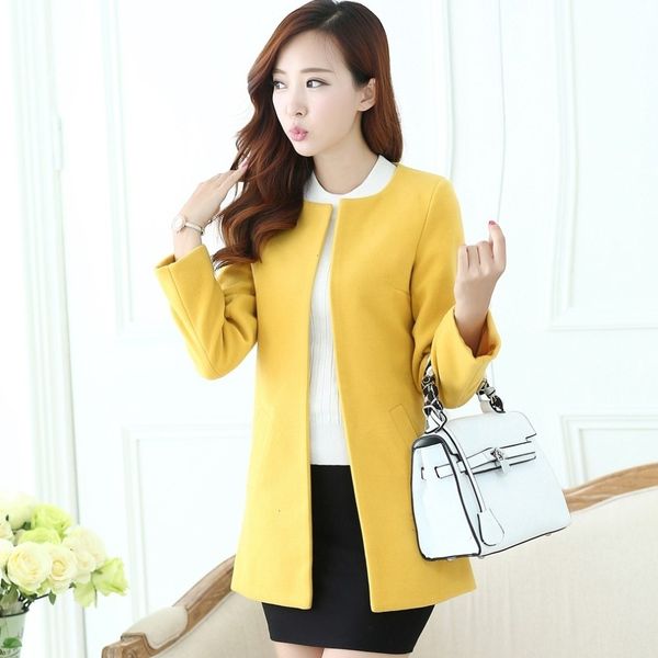 

ftlzz women spring autumn women thick wool coat o-neck woolen outerwear medium-long slim trench y190926, Black