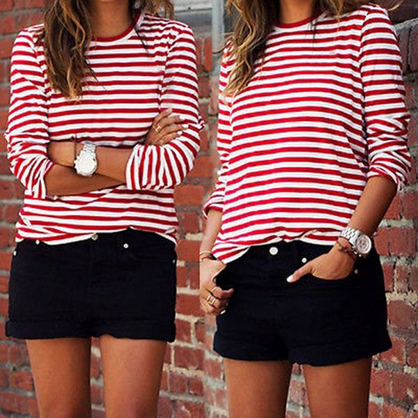 

casual 2019 women red white striped long sleeve cotton loose shirt female basic o neck tee polyester autumn pullovers