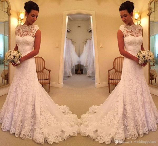 

chic new fashion full lace mermaid wedding dresses bateau neck applique sweep train formal wedding dresses bridal gowns vestidos de noiva, White