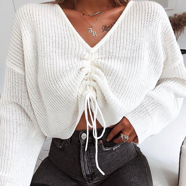 

ladies shirt autumn long-sleeved v-neck strap casual women's dress perspective new openwork knit solid color, White;black