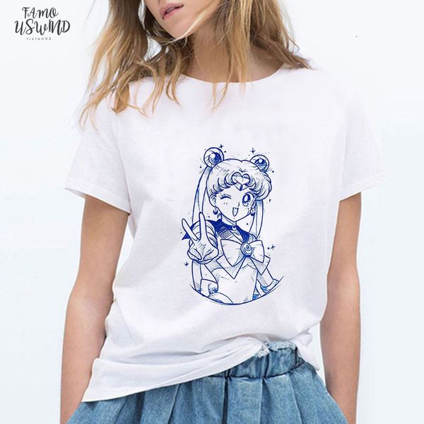 

fashion women casual print o neck v neck t shirt sailor moon t shirt cartoon tee drop shipping good quality, White