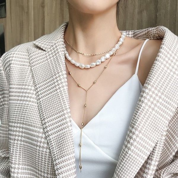 

boho multilayer pendant necklace imitation irregular pearl chain metal beads line lock charm necklaces for women hip hop statement jewelry, Silver