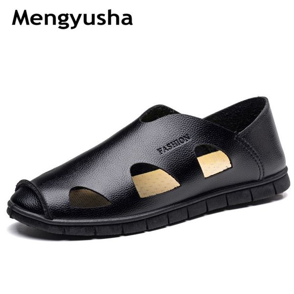 

2018 summer new style men's sandals baotou comfortable trend beach shoes hollow breathable leather men's shoes, Black