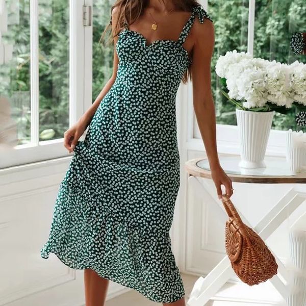 

robe femme summer dress 2019 v neck ruffles green floral sling long maxi beach dress for women vintage vestidos dresses, Black;gray