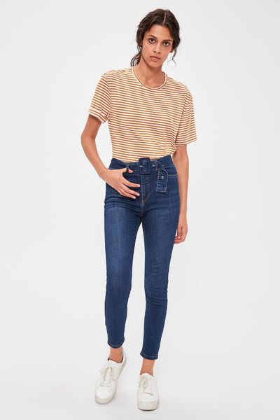 

trendyol blue belt detailed high waist skinny jeans twoaw20je0167
