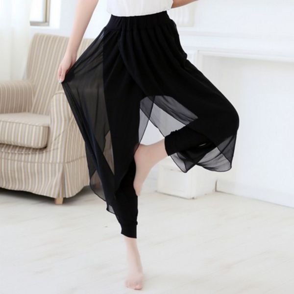 

new ladies wide leg loose casual pleated chiffon capri palazzo pants women's elastic waist solid color pants fashion trousers, Black;white