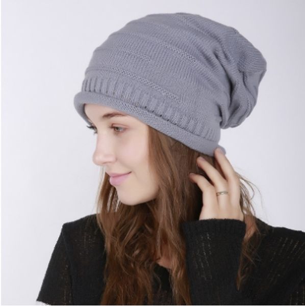 

european new fashion pleated horizontal knitted wool hat lovers solid color winter thin section street casual cap wholesale, Blue;gray