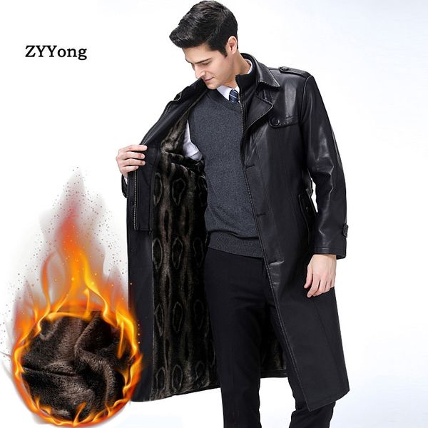 

2020 winter leather sheepskin mens leather jacket coats windbreaker plus size 5xl european russia male genuine trench, Black