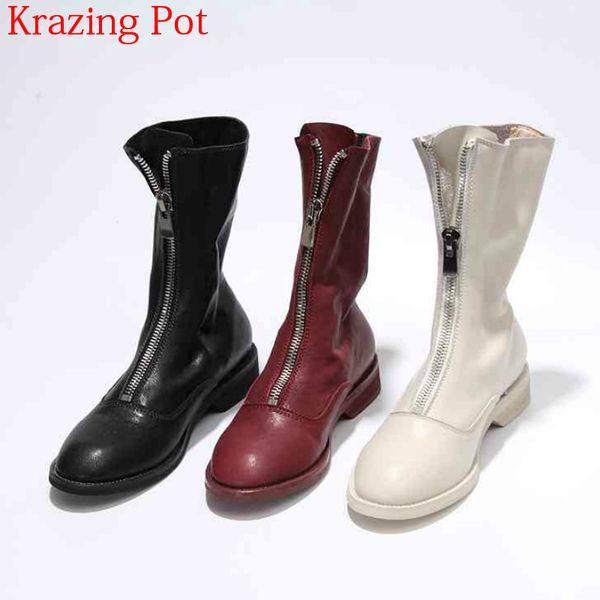 

2019 superstar genuine leather brand winter shoes women motorcycle boots zipper round toe runway keep warm mid-calf boots l18, Black