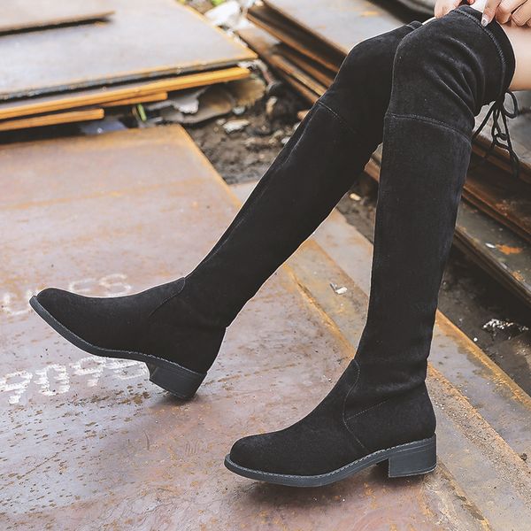 

flat heel boots women new 2019 shoes lace up round toe booties ladies winter footwear thigh high heels high autumn, Black