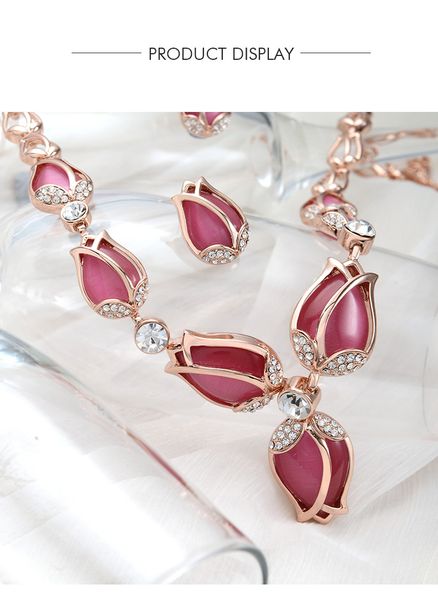 

fashion trends european and american dinner necklace accessories short clavicle tulip necklace earrings set opal accessories distributi, Silver