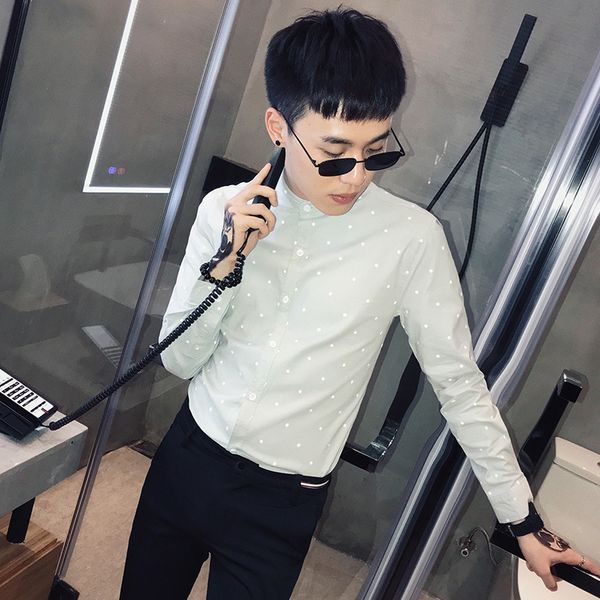

new long sleeve vintage print men all match polk dot streetwear mens casual shirt slim fit tuxedo 2020 spring, White;black