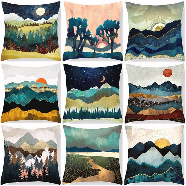 Watercolor Mountain Forest Tree Fox Cushion Covers Wave River