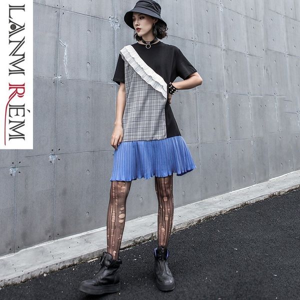 

fashion 21119 new summer fashion parttern round neck patchwork asymmetrical plaided contrast colors pullover loose dresses wg253, Black;gray