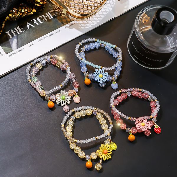 

korean beautiful sweet double crystal bead flower strawberry pendant bracelet temperament fashion girl women jewelry accessories, Black
