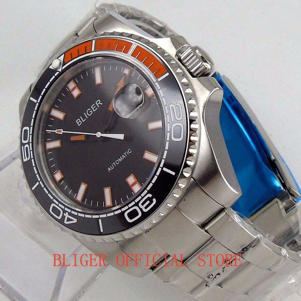 

new bliger 43mm men's watch black dial luminous sapphire glass black ceramic bezel miyota 8215 automatic movement wrist watch, Slivery;brown