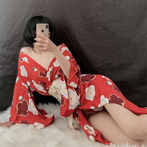 

japanese-style printed long kimono robe nightwear home clothes intimate lingerie casual kimono bath gown lady night dress, Red