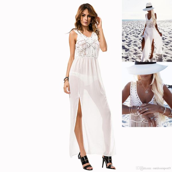 

wholesale hand knitted lace hollow v-neck white sleeveless chiffon bikini cover up beach skirts with split tassels side slit fork