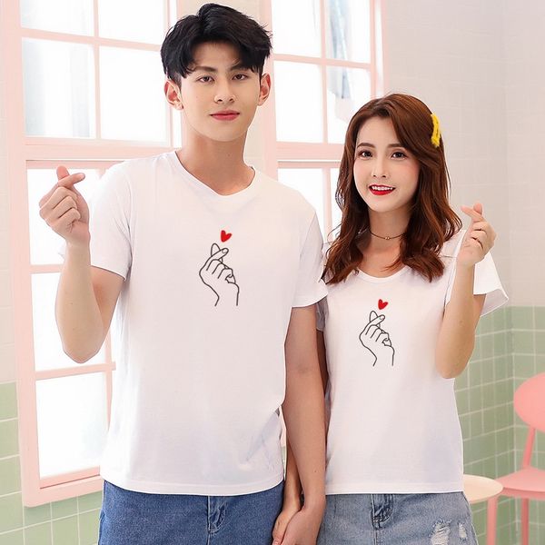 

summer pure cotton round collar short sleeve heart-to-heart male and female coat t-shirt students couple t-shirt base top, White
