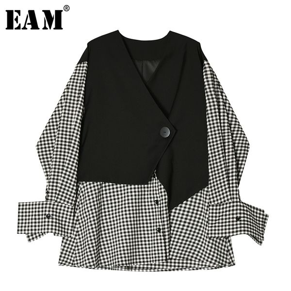 

eam] loose fit black plaid stitch false two jacket new round neck long sleeve women coat fashion tide autumn winter 2019 1b557, Black;brown