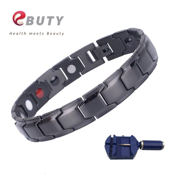 

ebuty men black titanium bracelet magnetic energy health bangle 4 in 1 stone ( germanium,fir,magnet,negative ion) gift jewelry, Golden;silver