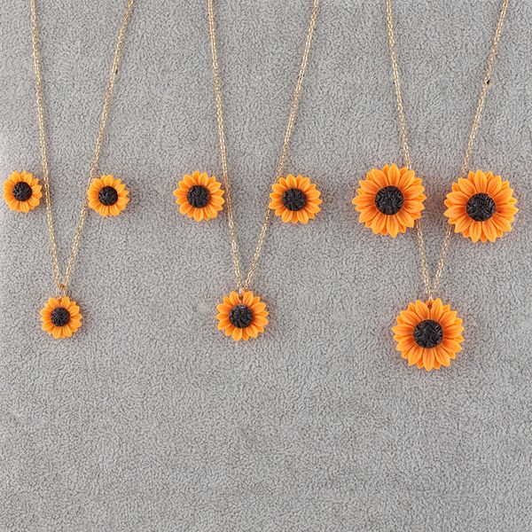 

new sunflower stud earrings necklace jewelry set 15mm 18mm 25mm resin flower collar necklace for women girl jewelry gift, Silver