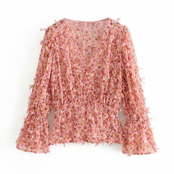 

women chic floral print chiffon blouses flare long sleeve elegant blouse shirt ladies v neck ruffles boho tunic blusas, White