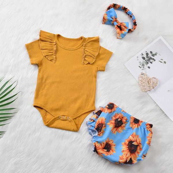

малыш детские baby girl romper одежда для младенцев сплошного цвета tops цветочной печати брюки стяжка bodysuit эпикировка 3шт set wholsale, Blue