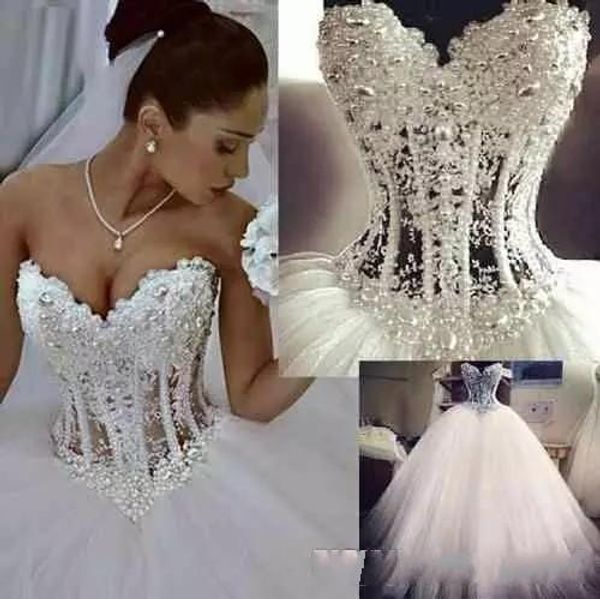 

2020 arabic ball gown wedding dresses sweetheart corset see through floor length princess bridal gowns beaded lace pearls custom made, White