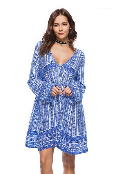 

deep v neck spring summer designer long sleeve backless dresses females casual beach clothes womens bohemian style dress ladies, Black;gray