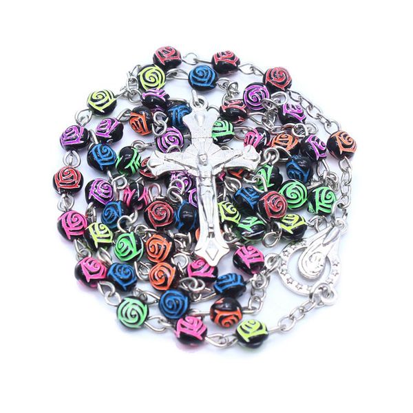 

catholic rosary jewelry 6mm plastic rose rosary necklace mixed color, Silver