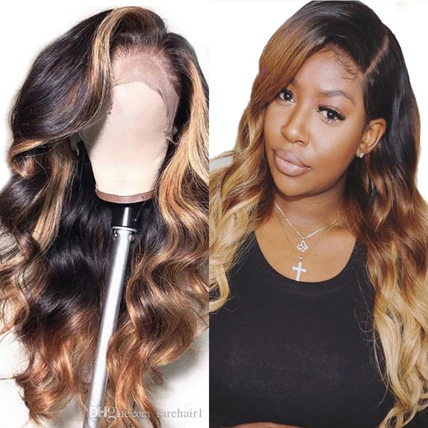 

13 * 4 фронта шнурка человеческих волос парики объемная волна 150% малазийский remy волна волос парик шнурка human highlight t1b / 27, Black;brown