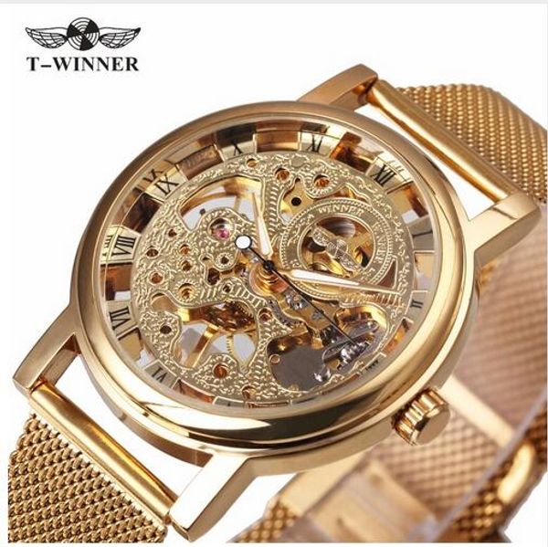 

2017winner new ultra thin luxury golden men mechanical watch mesh strap dial middle age roman design style gift, Slivery;brown