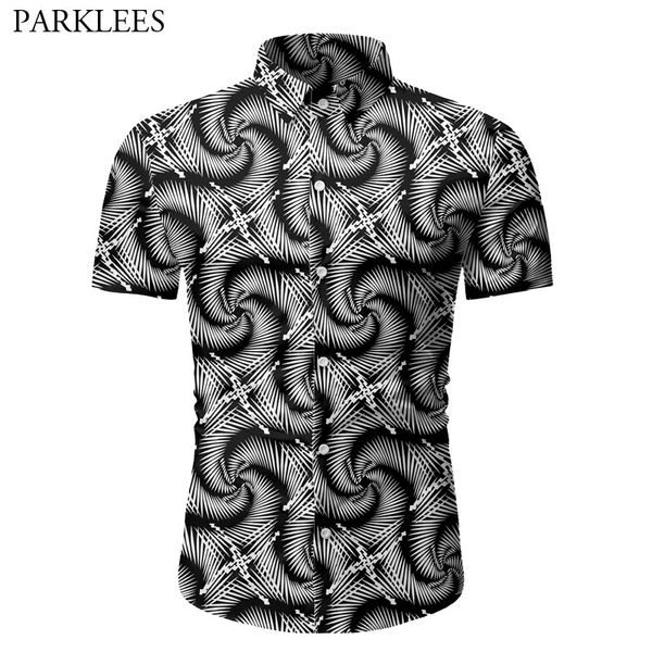 

men's casual shirts 3d vertigo hypnoti whirlpool print shirt men 2021 summer short sleeve streetwear clothes mens party social chemise, White;black