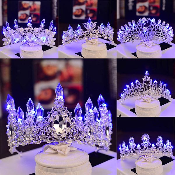 

bridal crown headband lighting women girls rhinestone tiaras lighted wedding crown led princess shine birthday party decorations, Golden;white