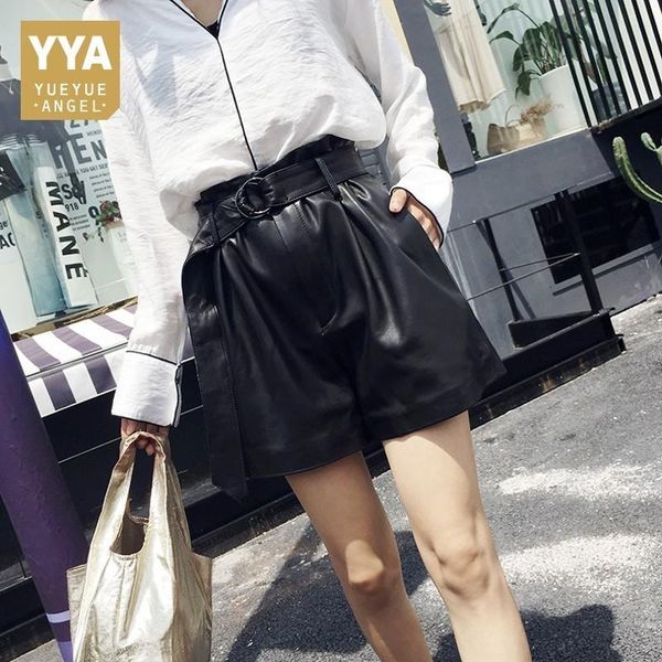 

italian designer summer high waist shorts women punk belted loose wide leg short feminino luxury sheepskin real leather trousers, White;black