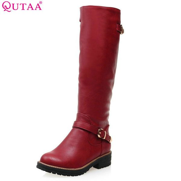 

qutaa 2020 fashion women boot med calf new fashion round toe woman winter shoes size 34-43, Black