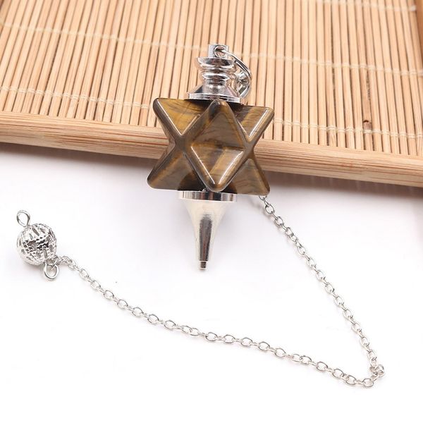 

10 pcs merkaba symbol tiger eye stone pendulum for dowsing pendant black agate silver plated link chain jewelr