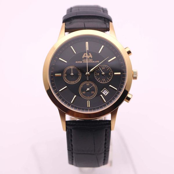

aehibo mens watches gold steel case quartz battery super chronograph watch 43mm black dial pin buckle date window leather strap wristwatches, Slivery;brown