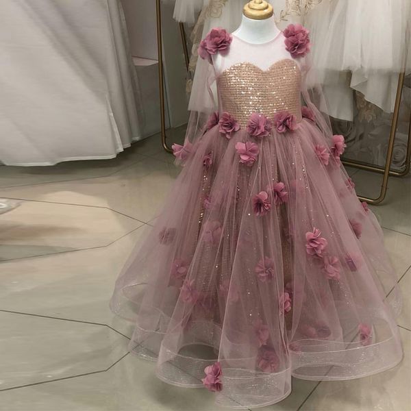 

chic dusty pink a line flower girls dresses o neck full sleeve sequined lining pleat communion dress tulle toddler pageant gowns, Red;yellow