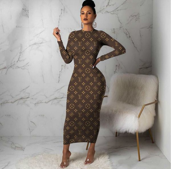 

s-xxxl women crew neck long sleeves maxi dresses brown letter print casual dresses long bodycon party dress autumn clothes, Black;gray