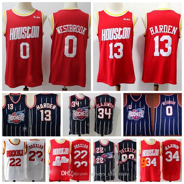 

атавизм хьюстон ракеты-джерси 13 джеймс харден 0 уэстбрук 22 клайд дрекслер hardwoods classics vintage баскетбольного, Black;red