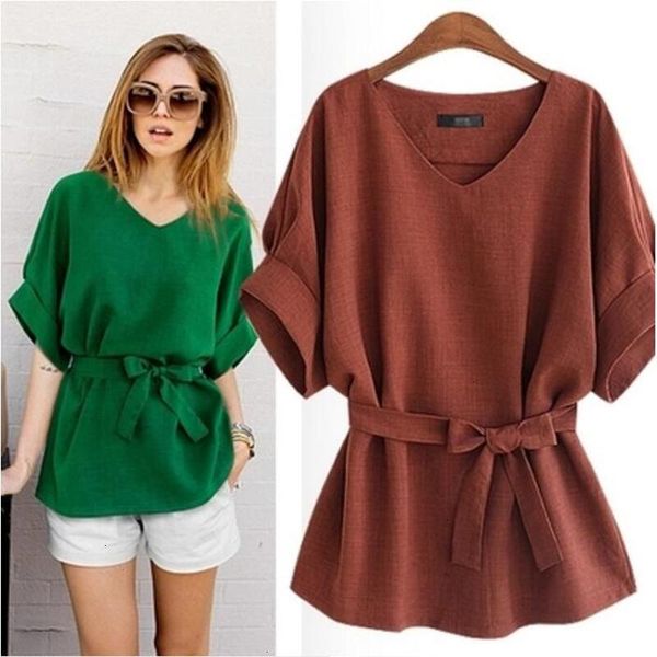 

blouse women designer women summer blouses linen shirt v neck big batwing tie loose blouse female for plus size 5xl, White