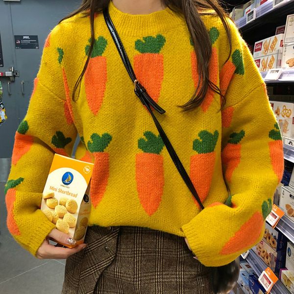 

women's knitted sweaters loose pastoral style radish printed pure color round collar students' warm and cold-proof sweaters, White;black