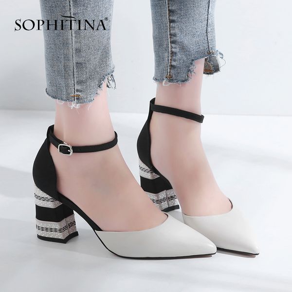 

sophitina womens pumps party high square heel cow leather pointed toe buckle strap summer shoes handmade fashion pumps mo25, Black