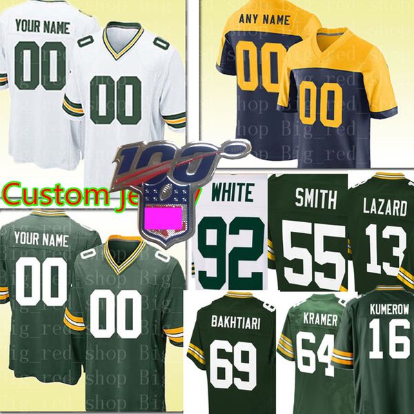 

men's green bays custom packer jersey 64 jerry kramer 92 reggie white 76 mike daniels bart starr smith blake martinez allen lazard jers, Black;red