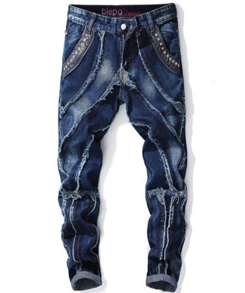 

men designer jeans pencil pants light pleated washed long casual male clothing street style teenager apparel, Blue