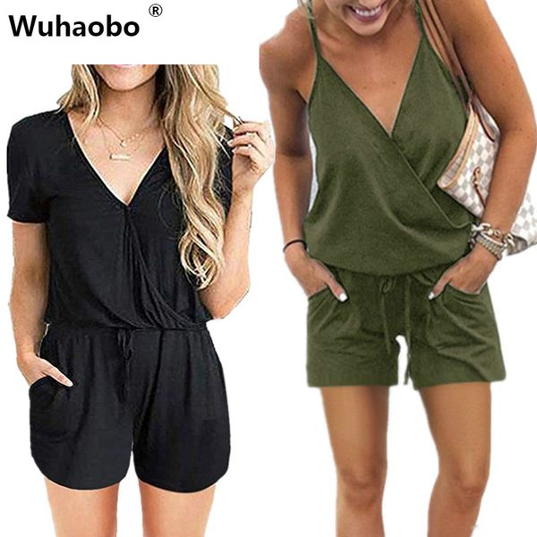 

wuhaobo good quality women's summer cotton jumpsuits casual short sleeve elegant playsuits female rompers pockets work overalls, Black;white