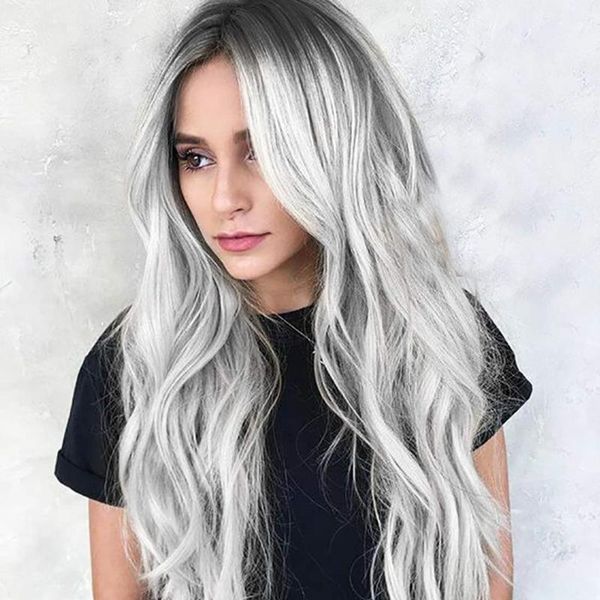 

ombre silver wavy wig gray long curly hair wigs with air bangs with wig cap cosplay halloween for women, Black