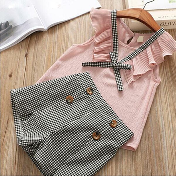 

kids clothes girls chiffon plaid shorts clothing sets summer ruffle t-shirt pants suits children boutique sleeveless vest suit b936, White